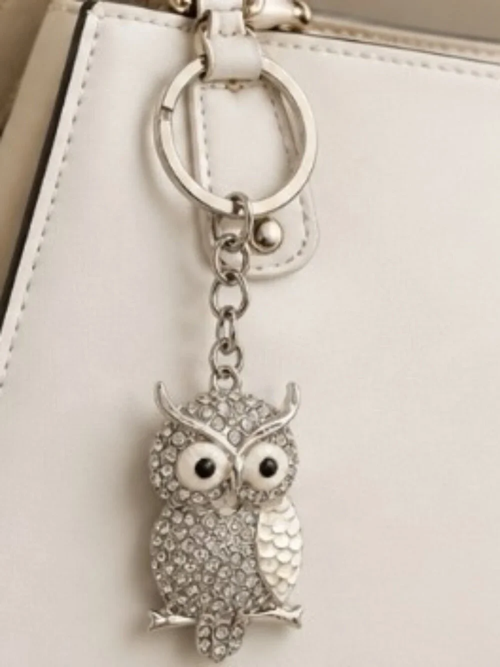 Silver Rhinestone Owl Keychain Crystal Bag Charm Cute Sparkly Purse Accessory